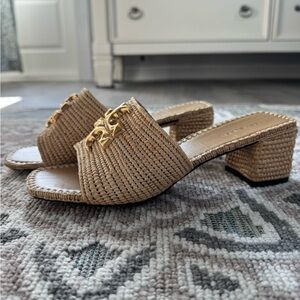 Tory Burch Eleanor Raffia Block Heel Slide Sandal with Gold Detail